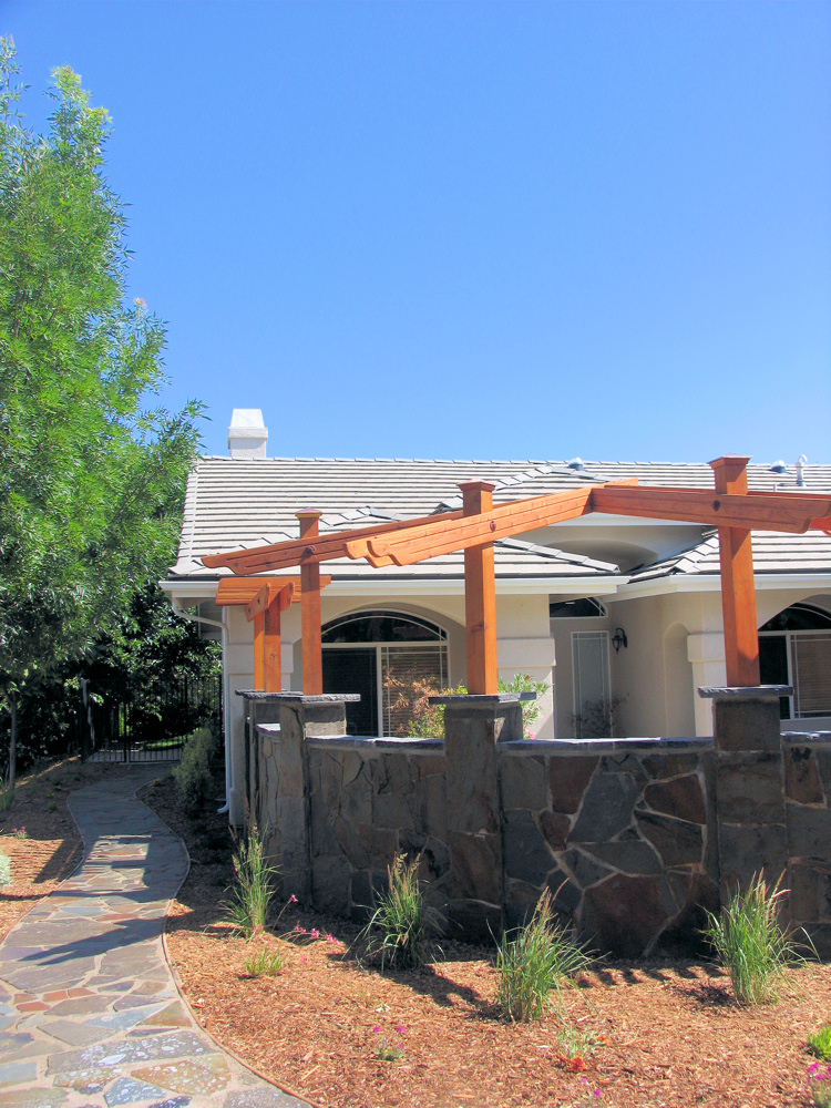flagstone walls, path, redwood arbor.  Landscaping, plant, mulch, drought resist